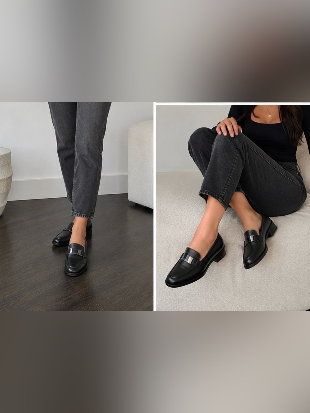 DKNY slip on loafer with silver buckle and block heel
